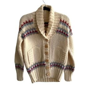 HAND KNIT Wool Chunky Knit Button Front Cardigan Sweater Cream Blue L
